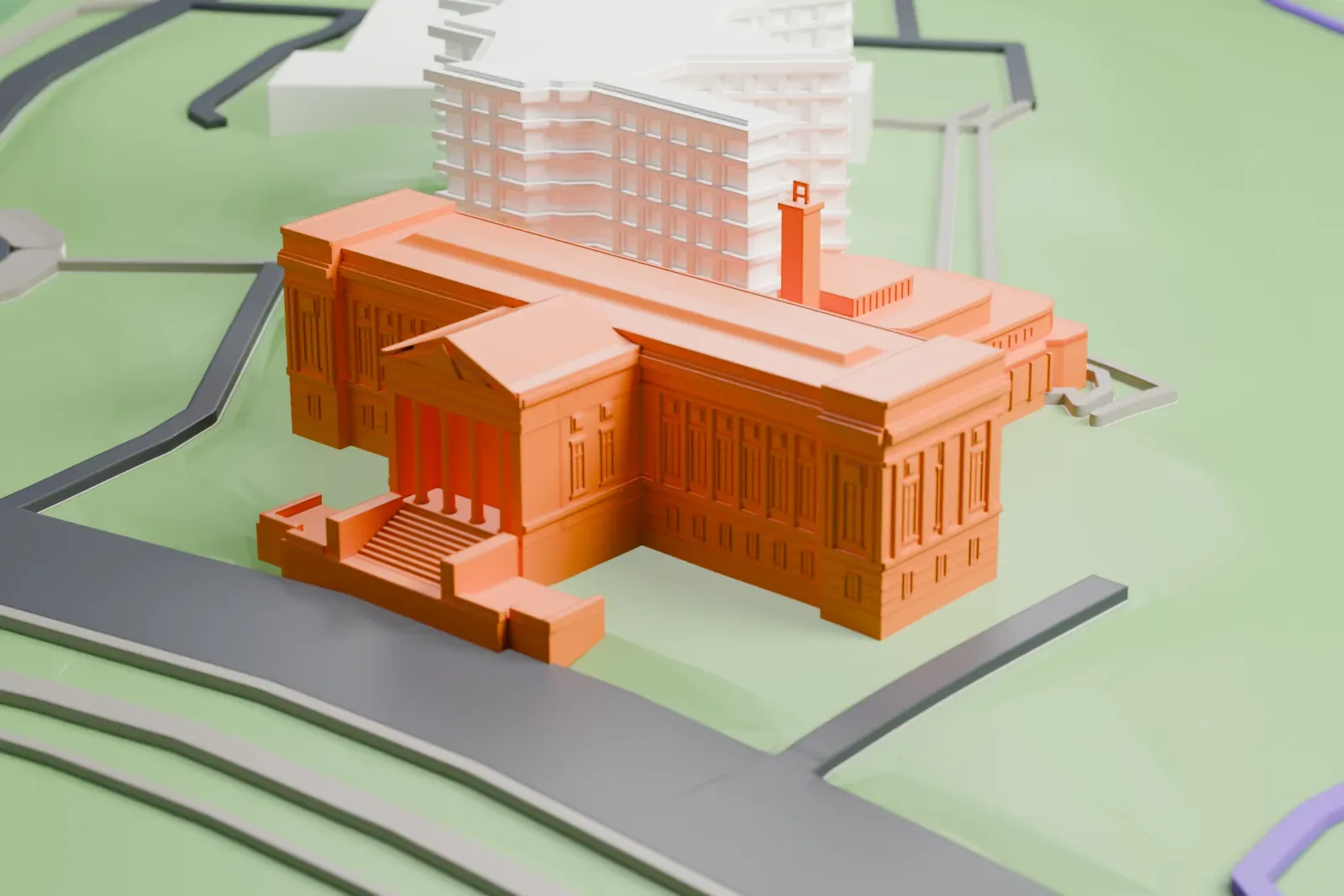 A white 3D print of the Musée national des beaux-arts du Québec in Quebec City, with the surrounding streets and buildings around it.