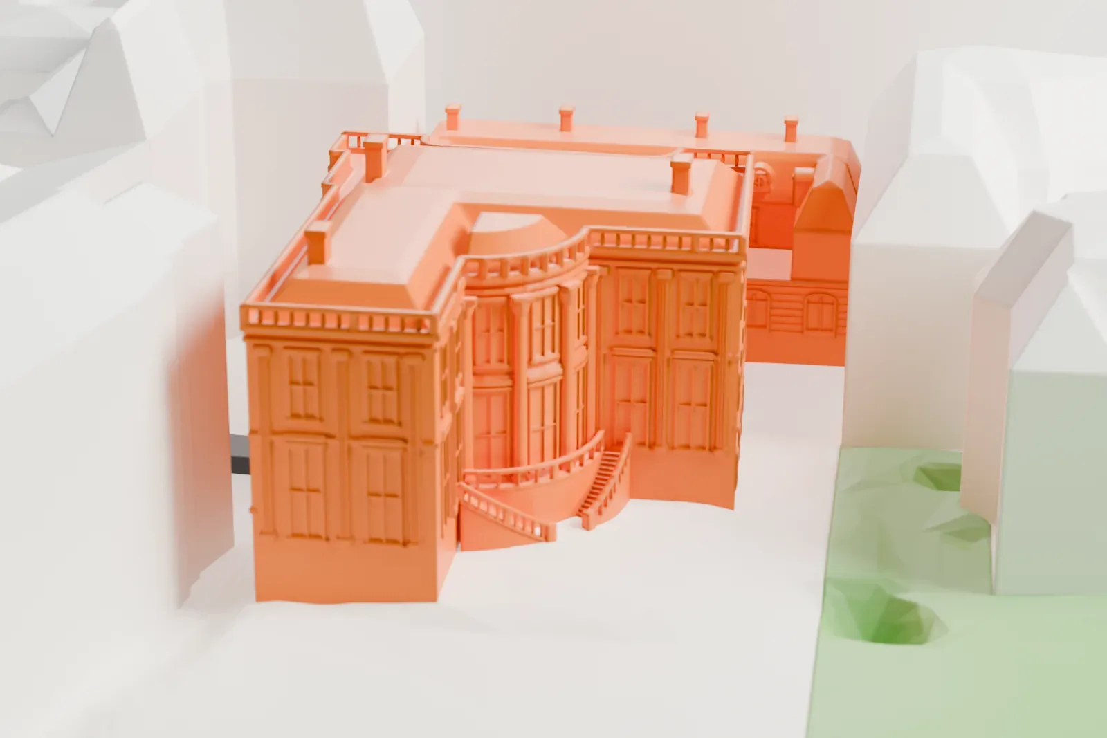 A white 3D print of the Musée Nissim de Camondo, a large townhouse at the edge of Parc Monceau among the surrounding city buildings.