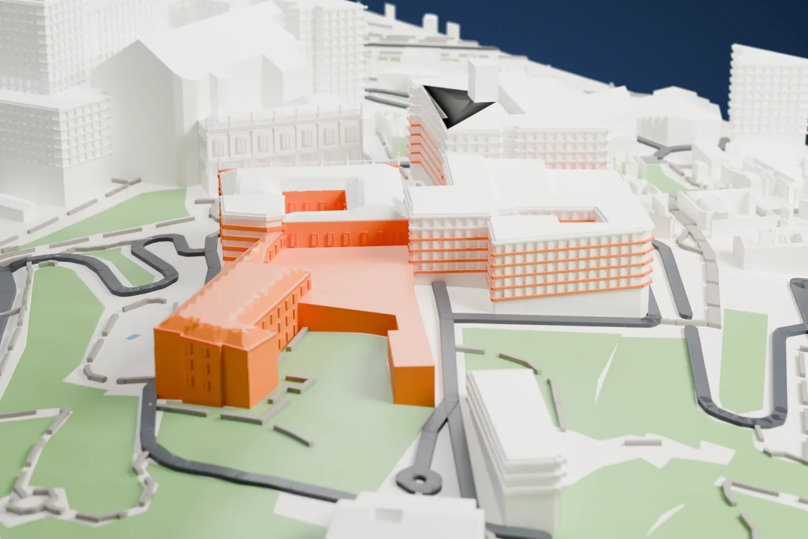 A white 3D print of the Capitoline Museums, two palaces with rows of windows, one wrapped around a small courtyard, on a green hillside with winding paths and large buildings nearby.