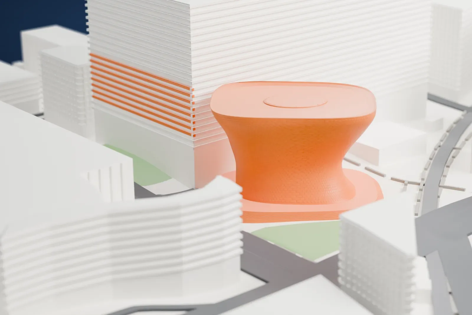 A white 3D print of the Museo Soumaya, a curved hourglass-shaped building clad in tiny hexagonal tiles, with a flared top and base and a circular ring on the roof, standing among streets and large buildings.