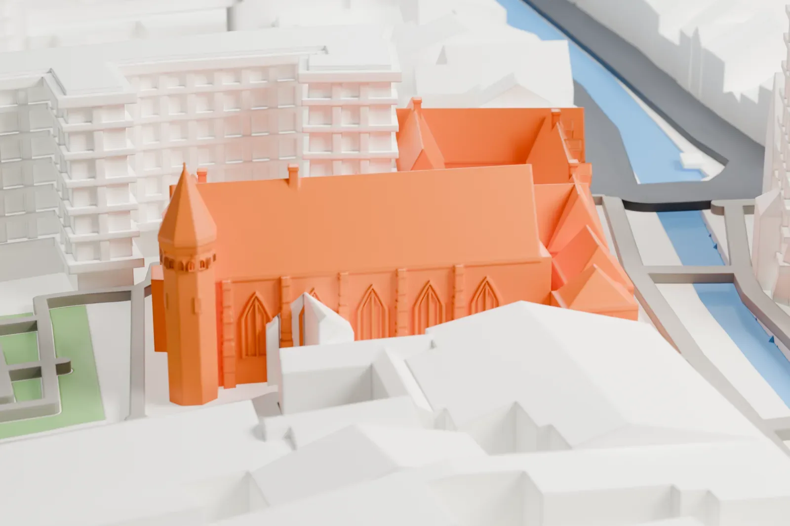 A white 3D print of Museum Het Prinsenhof, set among the surrounding streets and buildings.