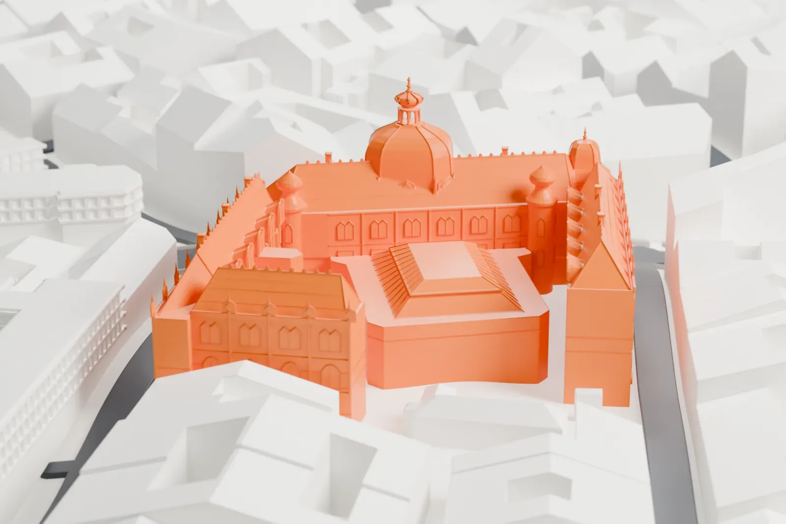 A white 3D print of the Museum of Applied Arts (Budapest), with a central dome, small corner turrets, and pitched roofs, surrounded by streets and neighboring buildings.