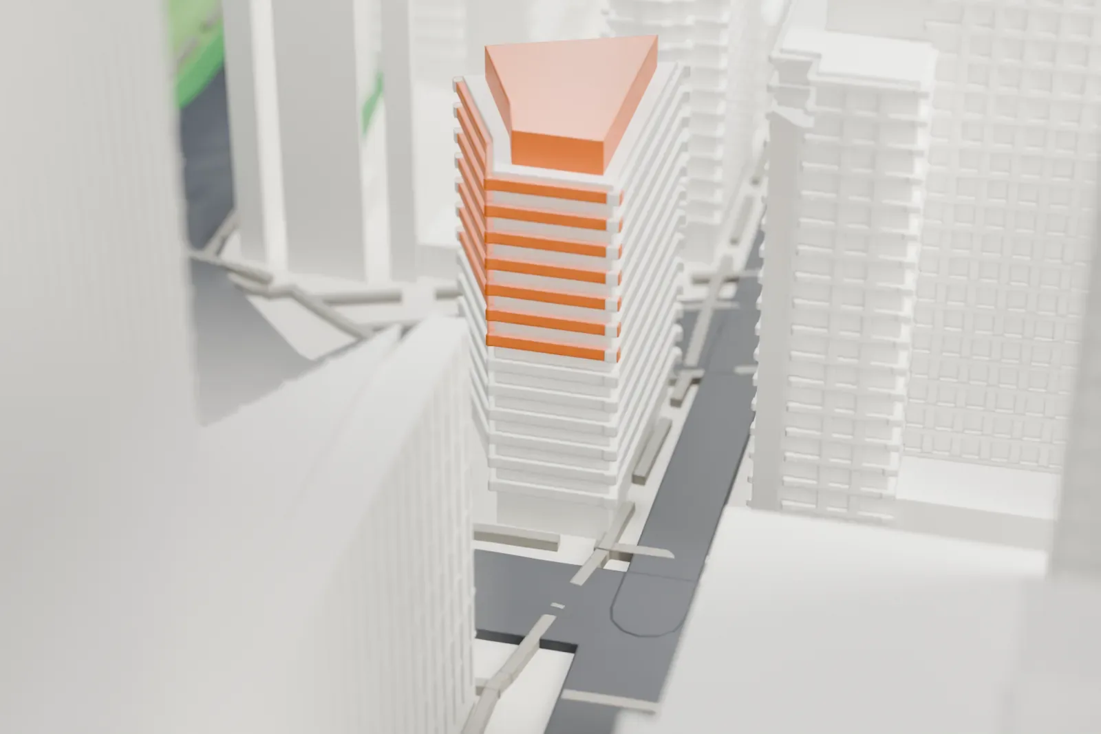 A white 3D print of the Museum of Arts and Design, a boxy tower with a slanted top, standing among taller buildings beside a street, a small pond and a patch of green.