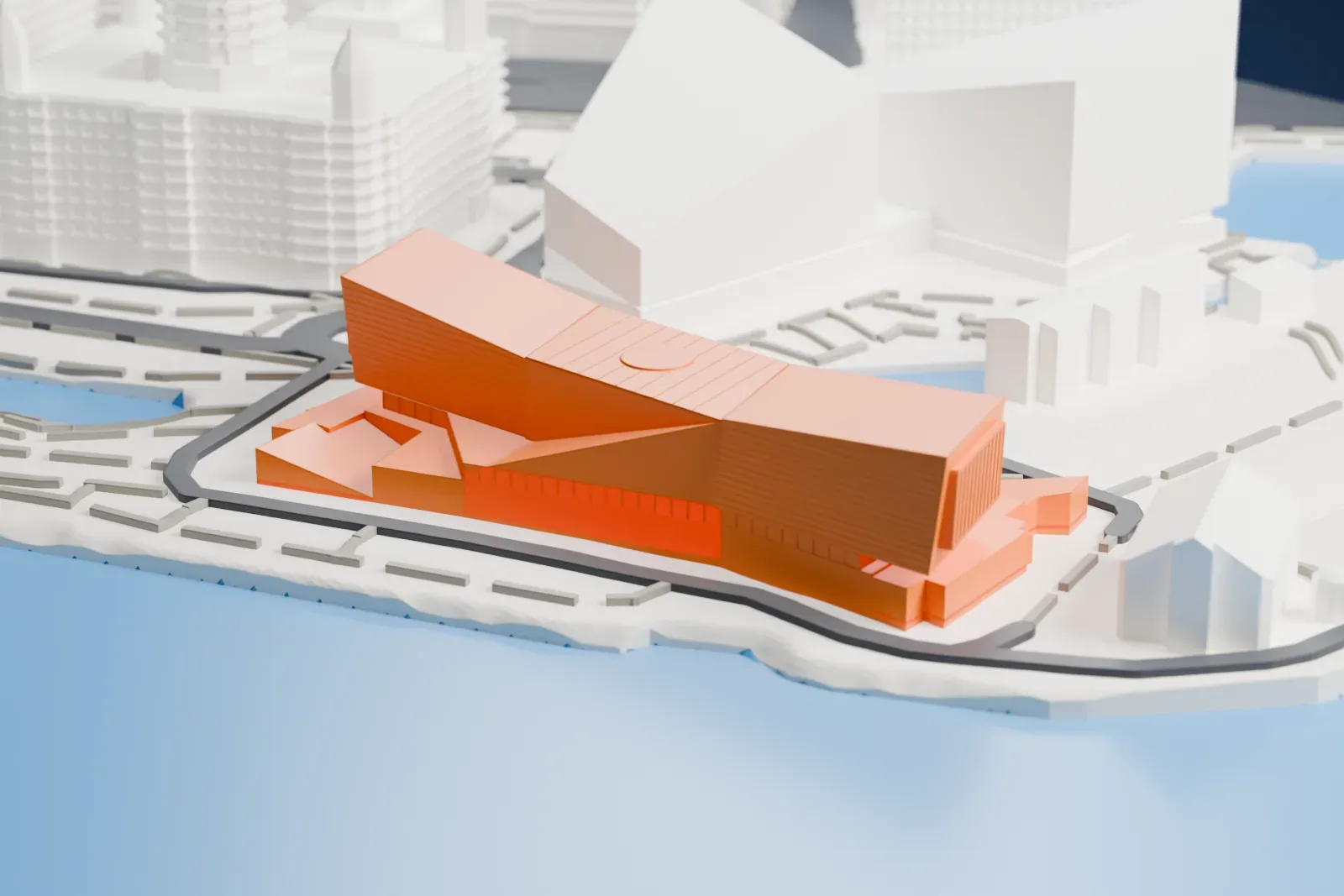 A white 3D print of the Museum of Liverpool, an angular building with sloping roof edges, standing on a waterside quay with water on several sides and other buildings nearby.