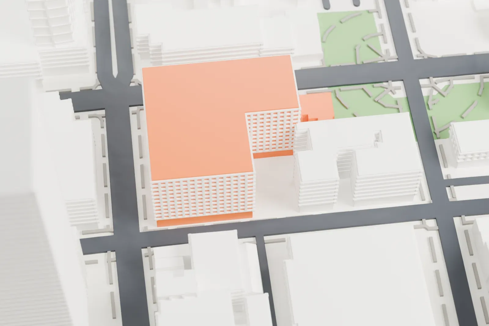 A white 3D print of the Museum of Russian Art, a small four-story building with a detailed facade, beside a green park and large apartment-style buildings.