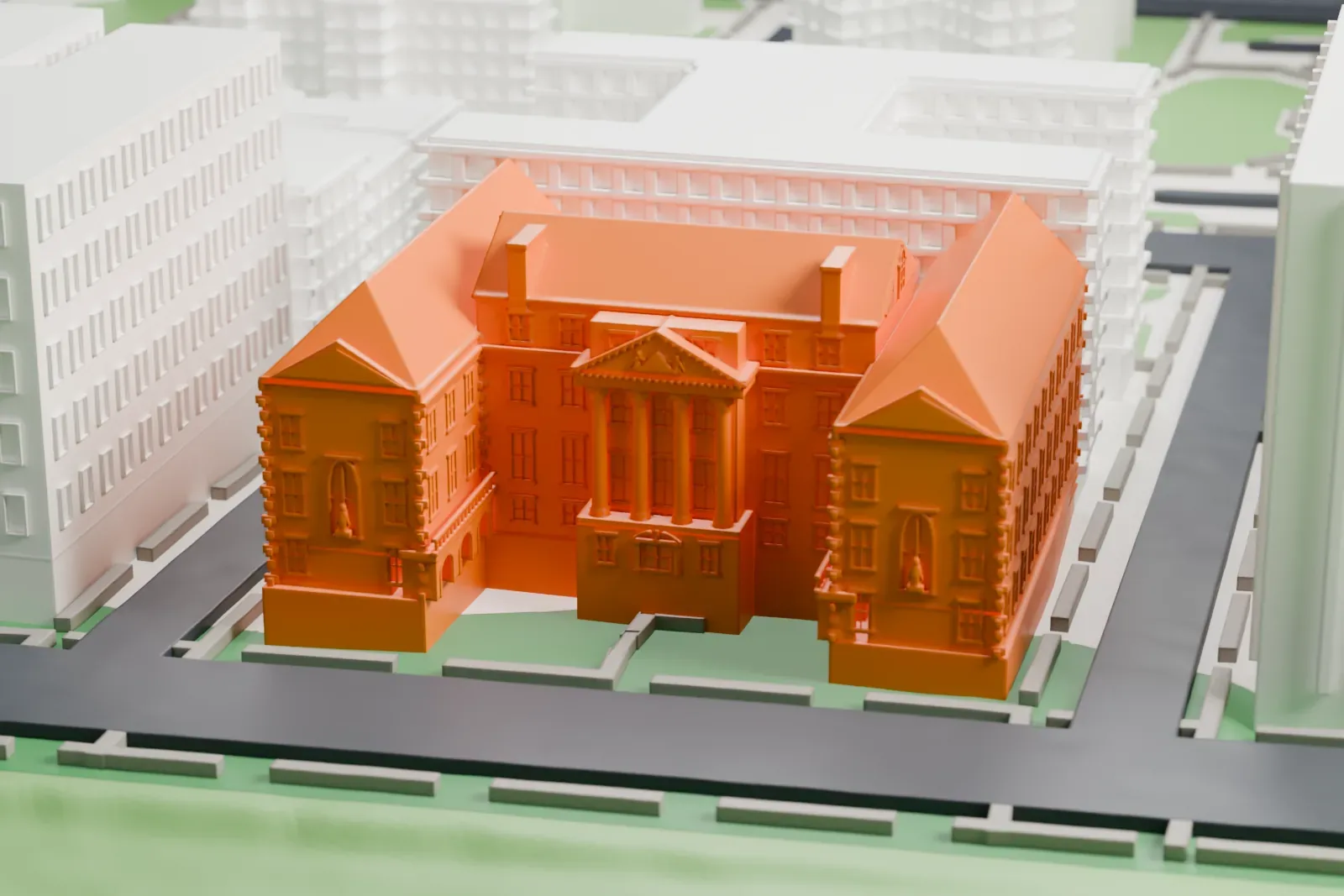 A white 3D print of the Museum of the City of New York, a symmetrical building with a columned entrance porch and steep roofs, facing a park across the street with tall buildings behind it.