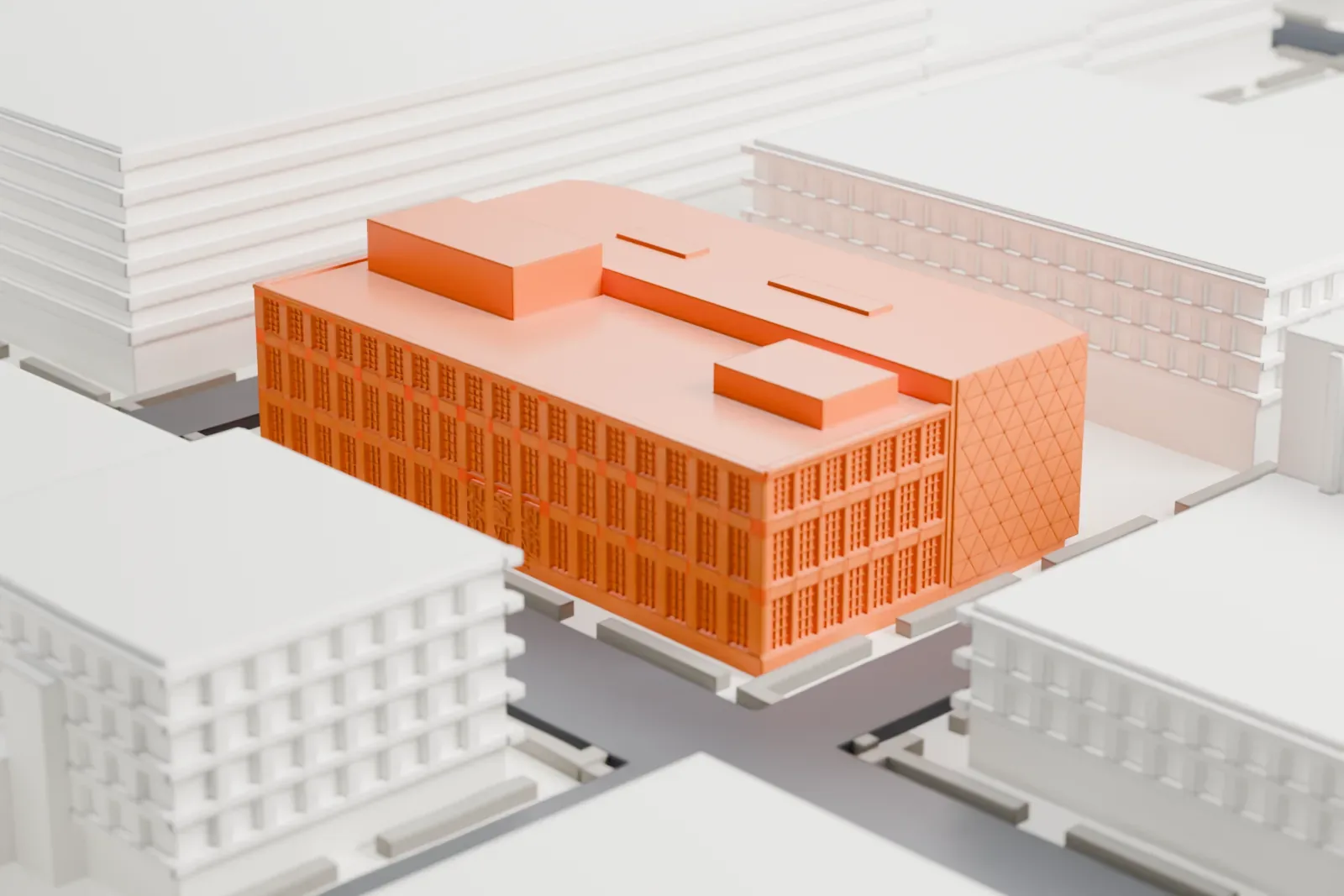A white 3D print of the Museum of the Moving Image, a low block with a diamond-patterned facade and boxes on its roof, standing among larger neighboring buildings.