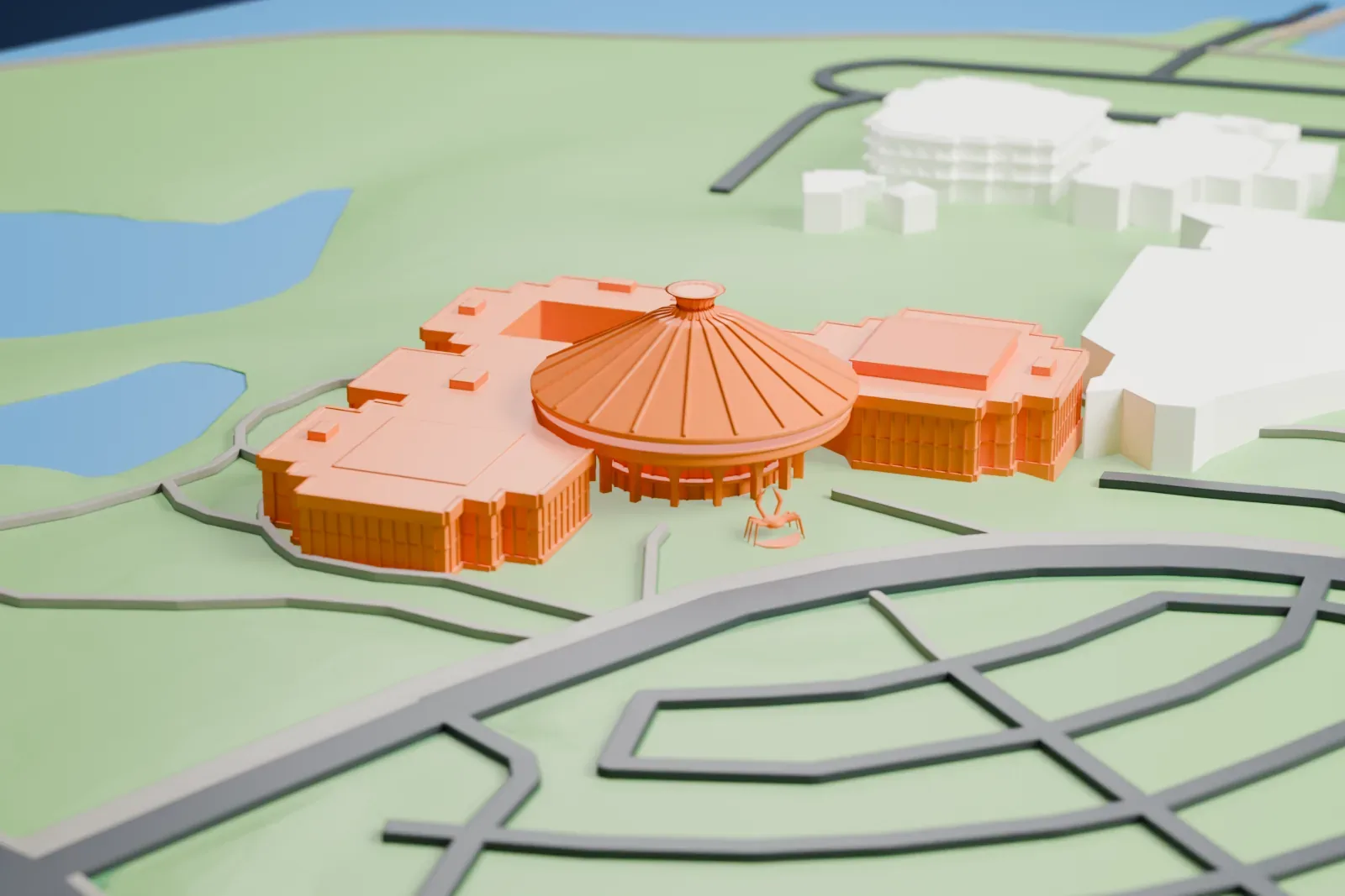 A white 3D print of the Museum of Vancouver with the surrounding streets and buildings.