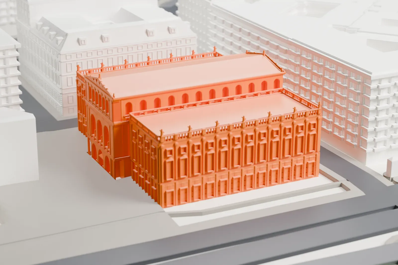 A white 3D print of the Musikverein, with the surrounding streets and buildings of Vienna around it.