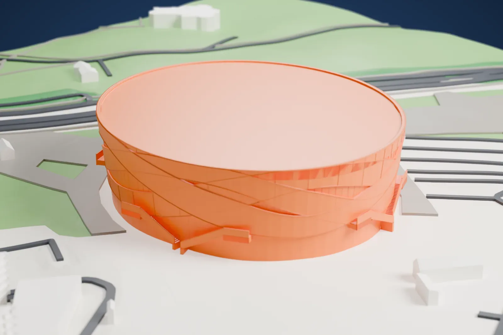 A white 3D print of the MVM Dome, an oval arena with a shallow roof and broad crossing cladding blades, standing among the buildings of Budapest.