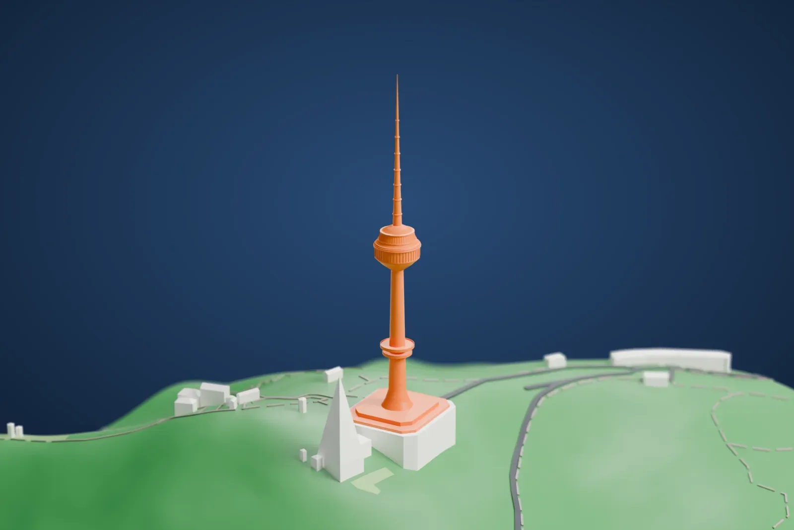 A white 3D print of N Seoul Tower, a slender tower with a round ribbed observation pod and a needle-thin antenna, standing on a wide base on a green hilltop with winding roads and paths.