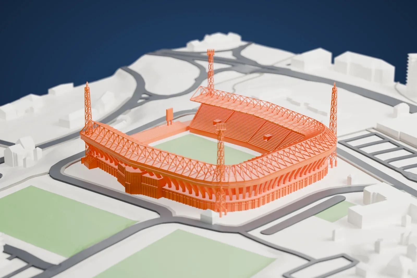 A white 3D print of the Na Stínadlech stadium, with an open roof framework, tall floodlight towers and tiers of seats, surrounded by roads, pitches and buildings.