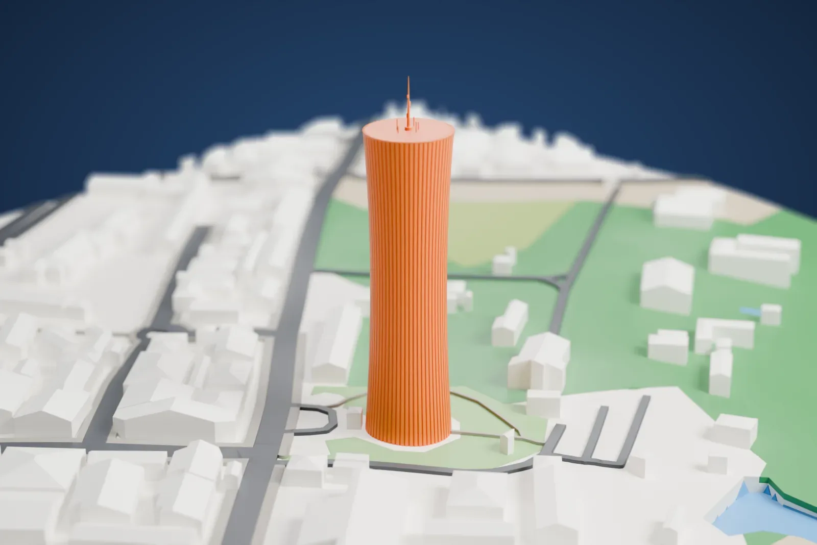 A white 3D print of the Nabemba Tower, a tall round tower with a slim mast, standing among the surrounding streets, buildings and green areas.