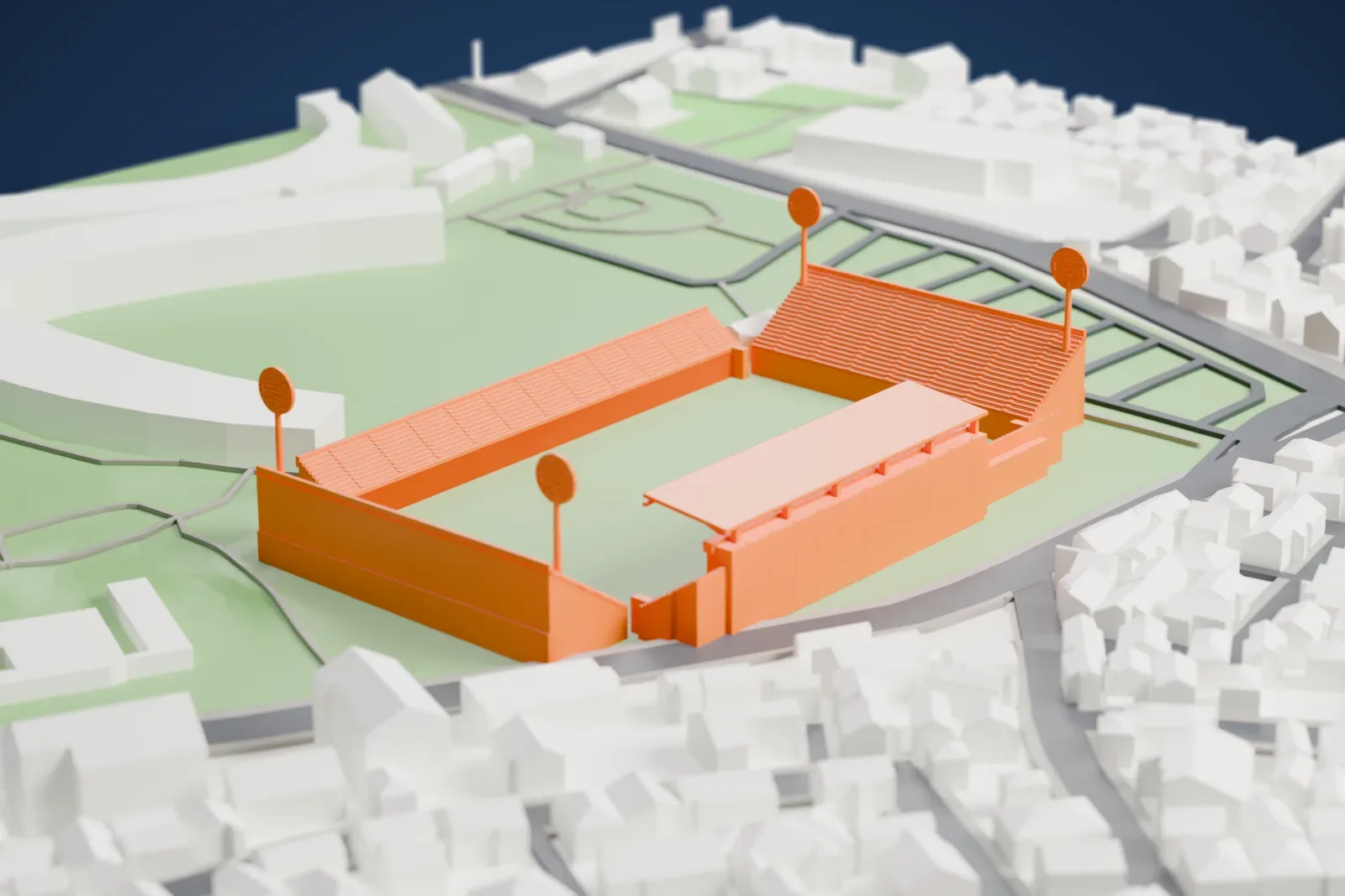 A white 3D print of NACK5 Stadium Omiya in Saitama, surrounded by streets and buildings.