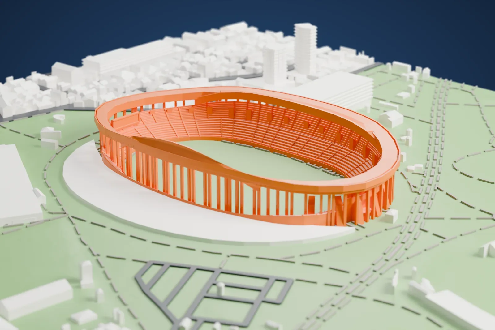 A white 3D print of Nagai Stadium, a colonnade carrying a deep roof ring over a bowl, among the streets and buildings around it.