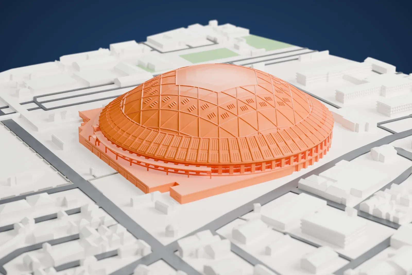 A white 3D print of the Nagoya Dome, a wide ribbed dome ringed by fine vertical lines, surrounded by low buildings, wide roads and a few patches of green.