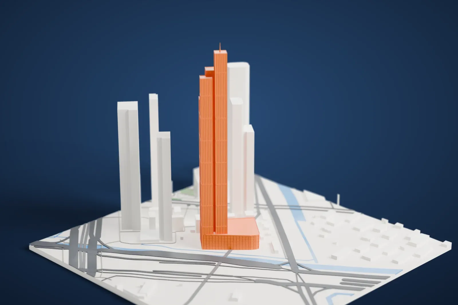 A white 3D print of Nanjing Financial City II Tower C1 rising among the surrounding city buildings.