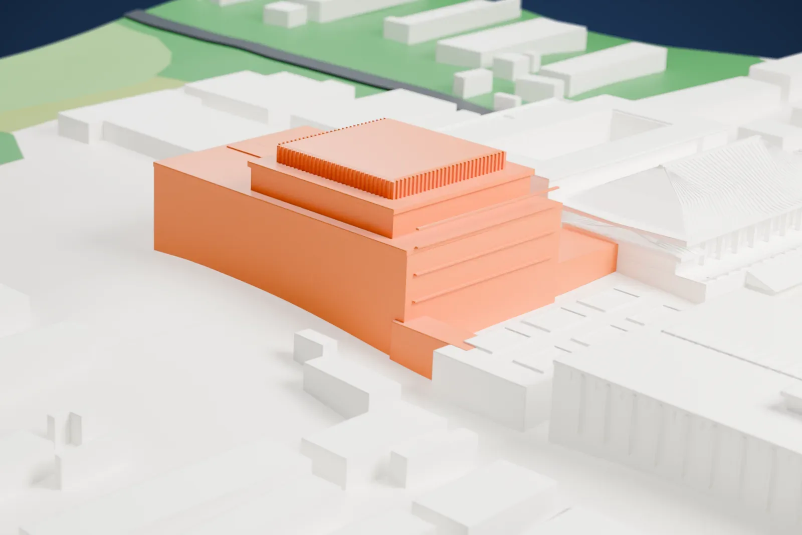 A white 3D print of the Nanjing Museum, a group of linked halls including one with a tiled hipped roof, around lawns and a small pond, with city blocks and roads beyond.