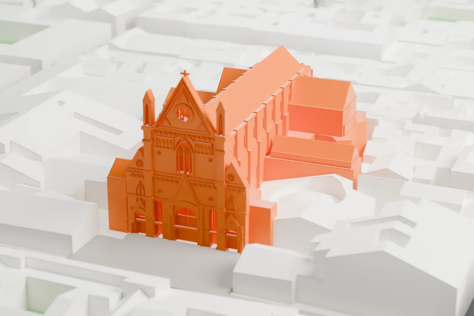 A white 3D print of Naples Cathedral, a large church, among the surrounding streets and buildings of Naples.
