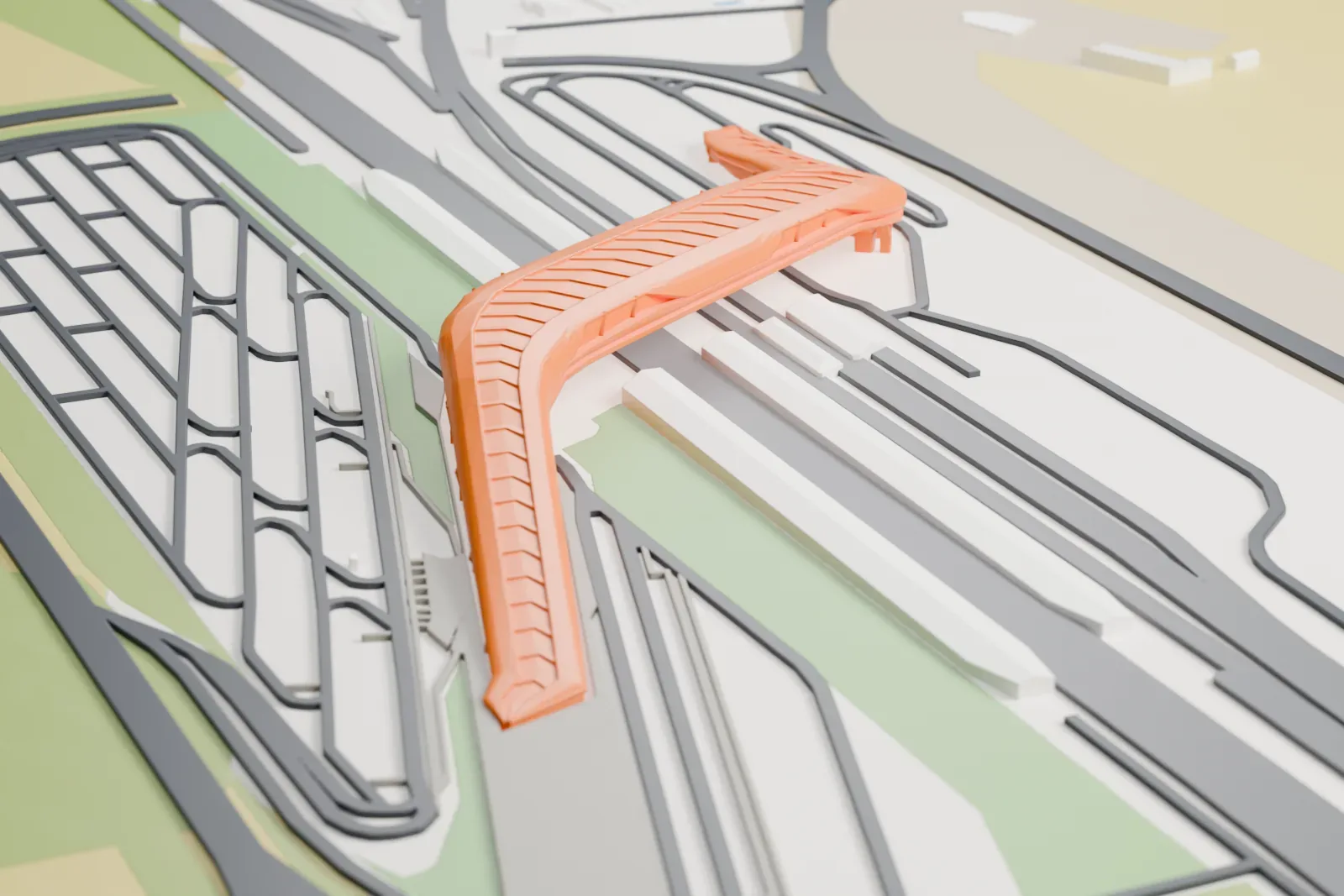 A white 3D print of the Napoli Afragola railway station, a station building, surrounded by streets and buildings.