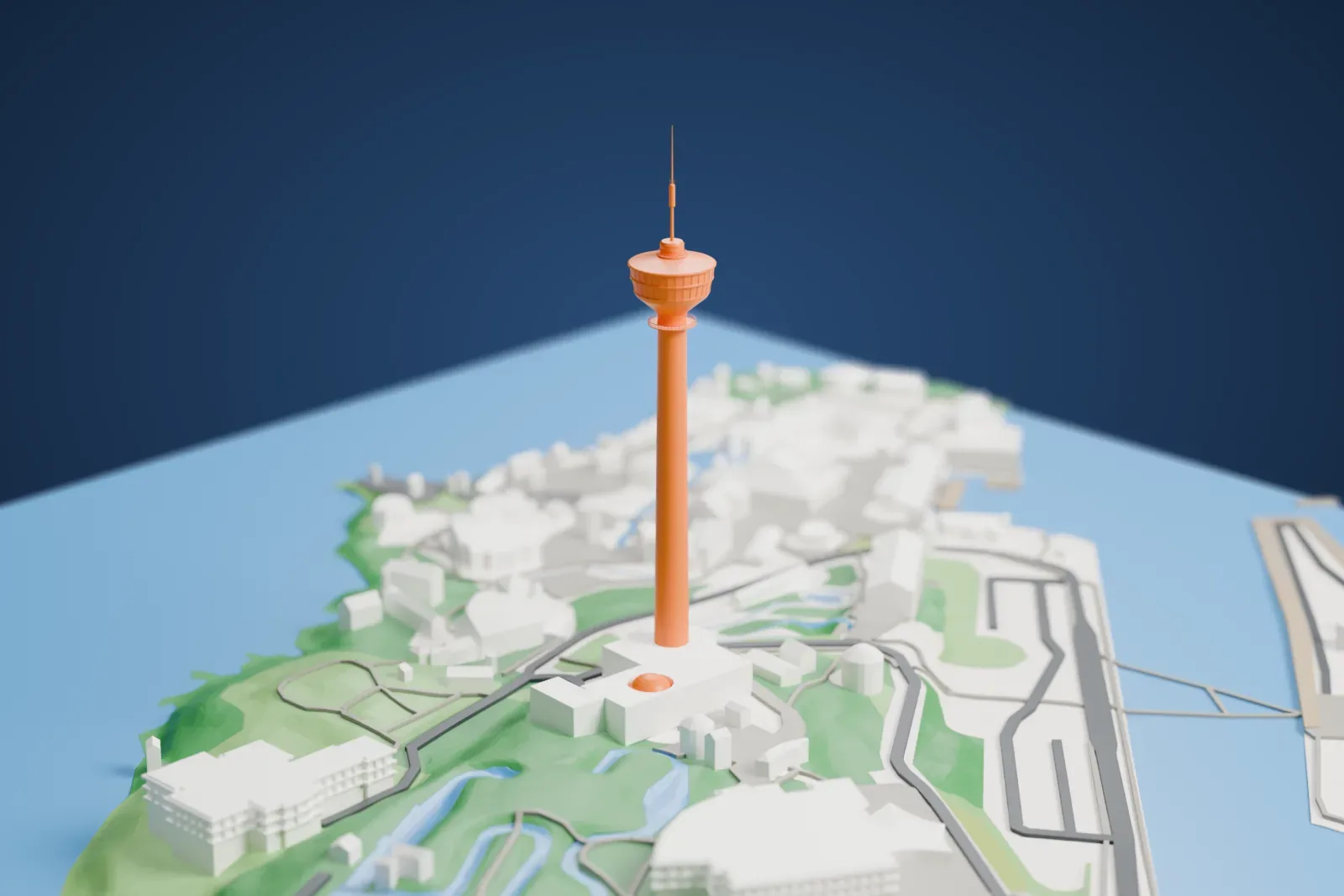 A white 3D print of Näsinneula, its slender shaft and observation pod rising above the surrounding park and buildings.