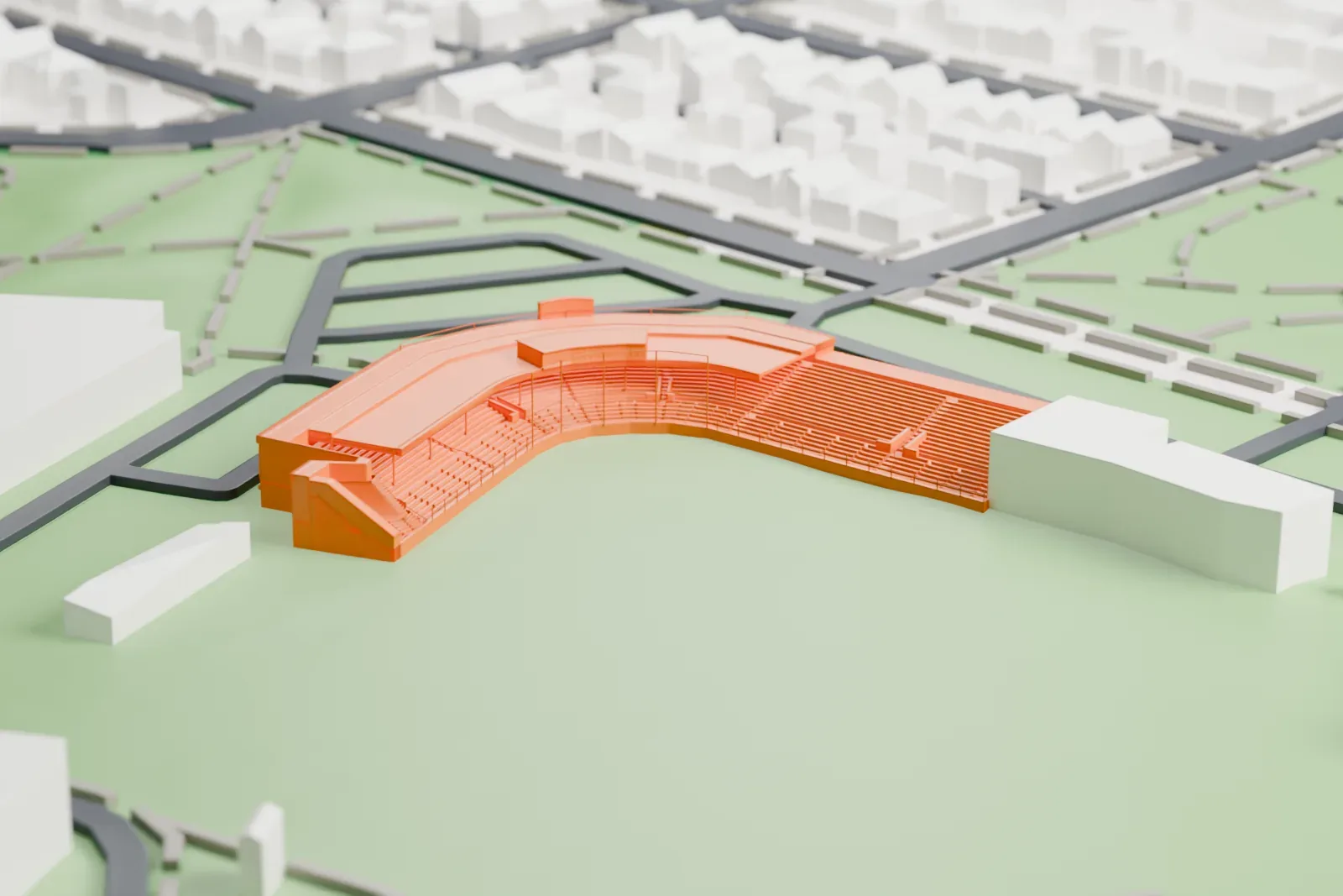 A white 3D print of Nat Bailey Stadium, a low curved grandstand around an open green field, with paths, roads and a few buildings around the park.