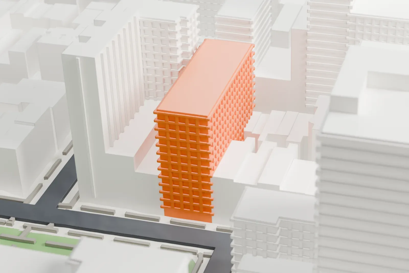 A white 3D print of a narrow building with a decorated, bay-fronted facade and a taller section behind it, squeezed among larger buildings with a park nearby.
