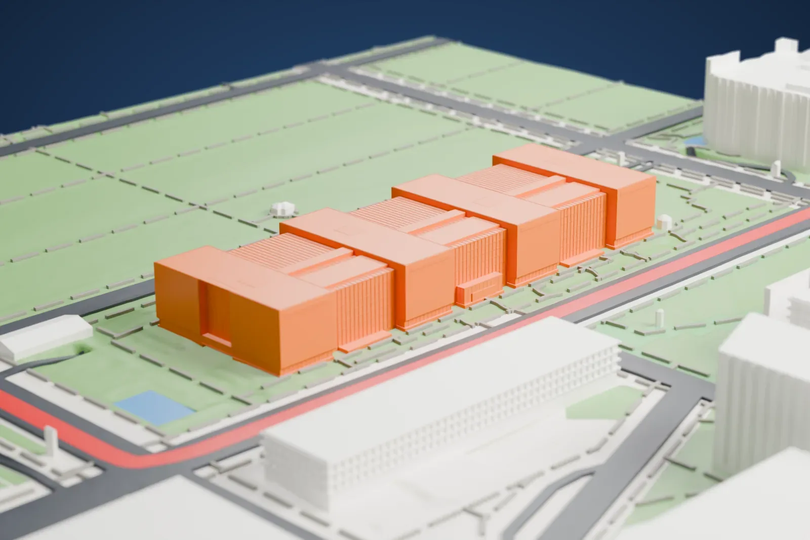 A white 3D print of the National Air and Space Museum, four wide blocks joined by recessed sections, set on green lawns beside roads and larger buildings.