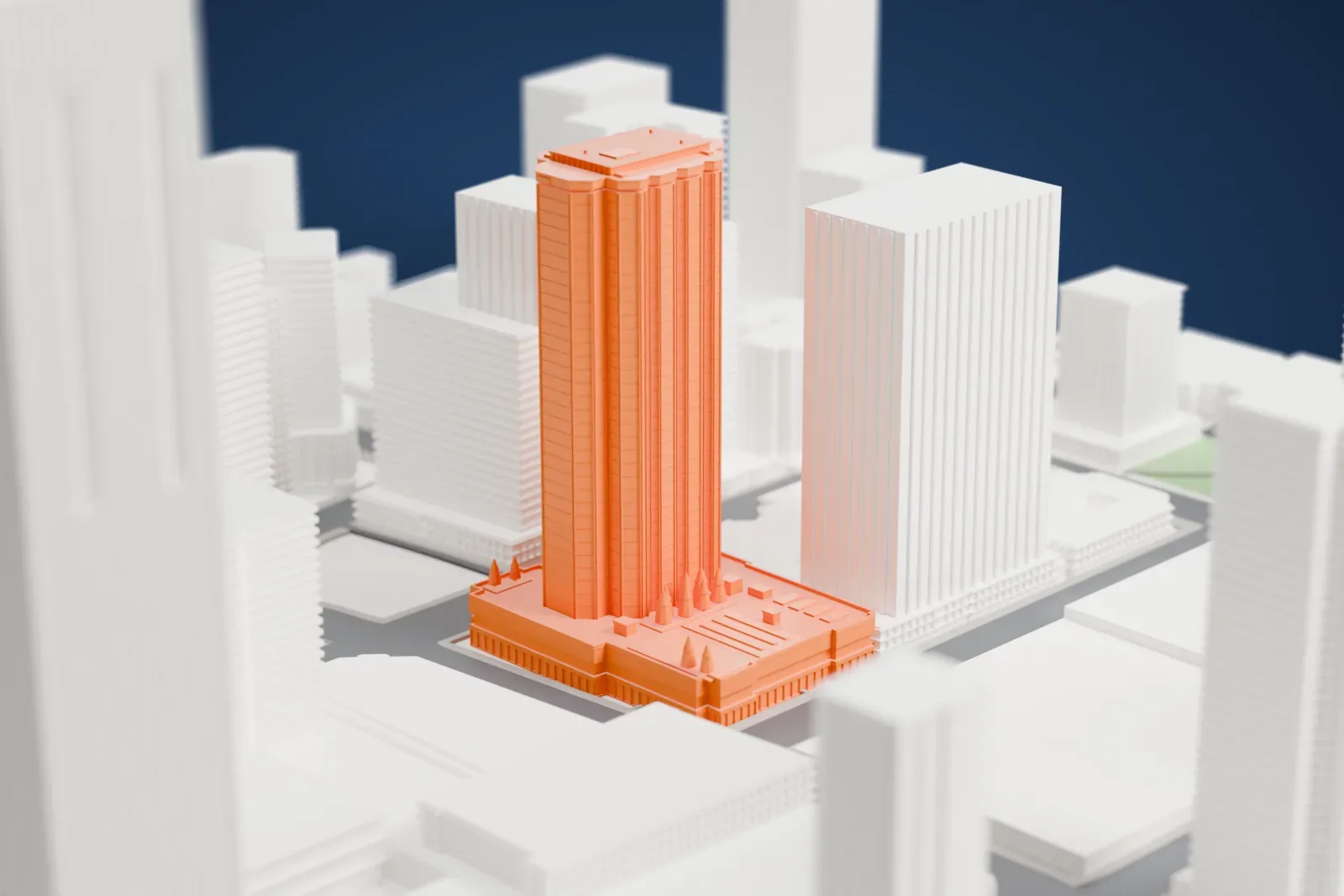 A white 3D print of National Bank Centre among the surrounding streets and buildings of downtown Edmonton.