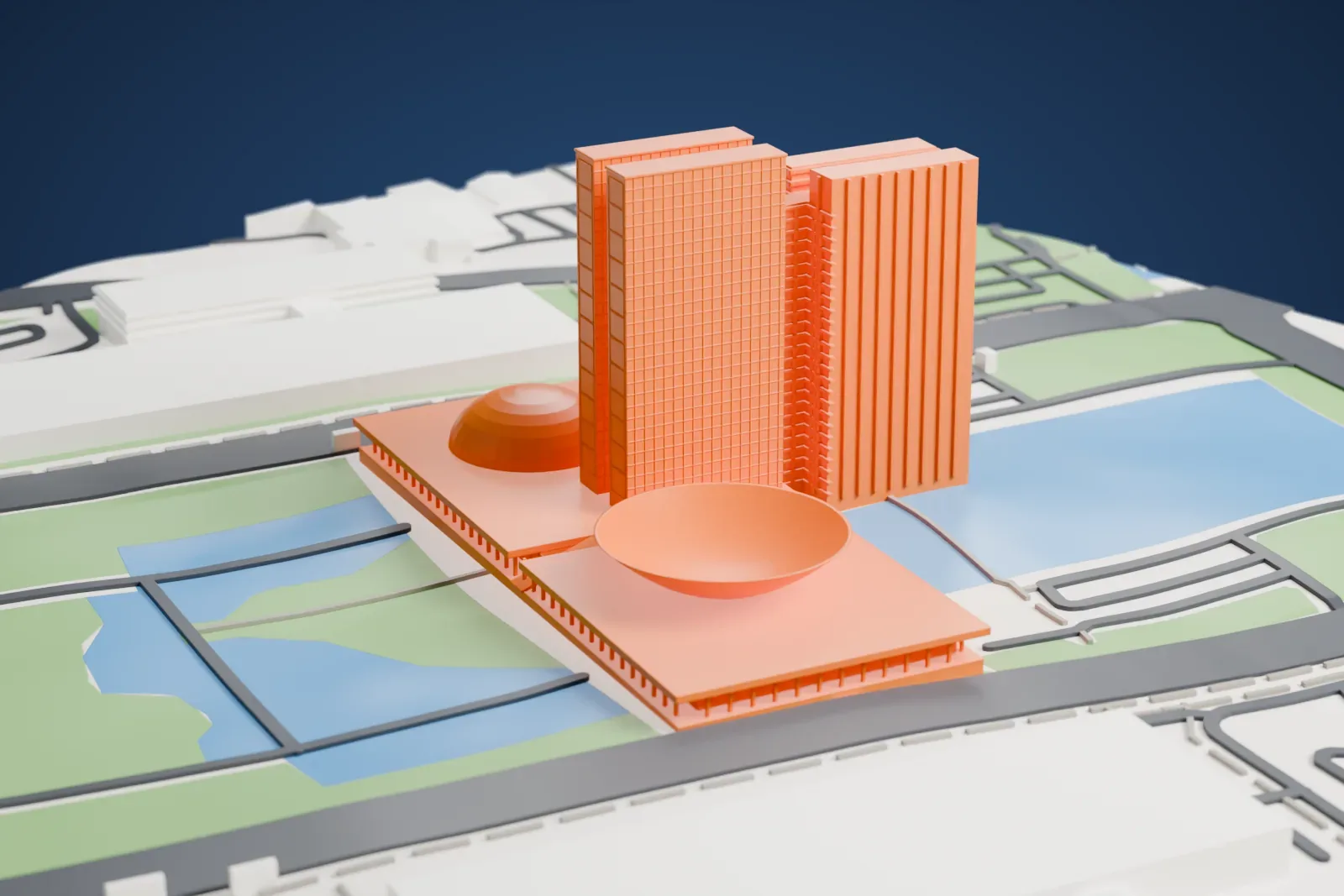 A white 3D print of the National Congress of Brazil, a long flat slab with a dome and a bowl-shaped dish on top and two tall office towers rising between them, beside lawns, pools of water and wide roads.