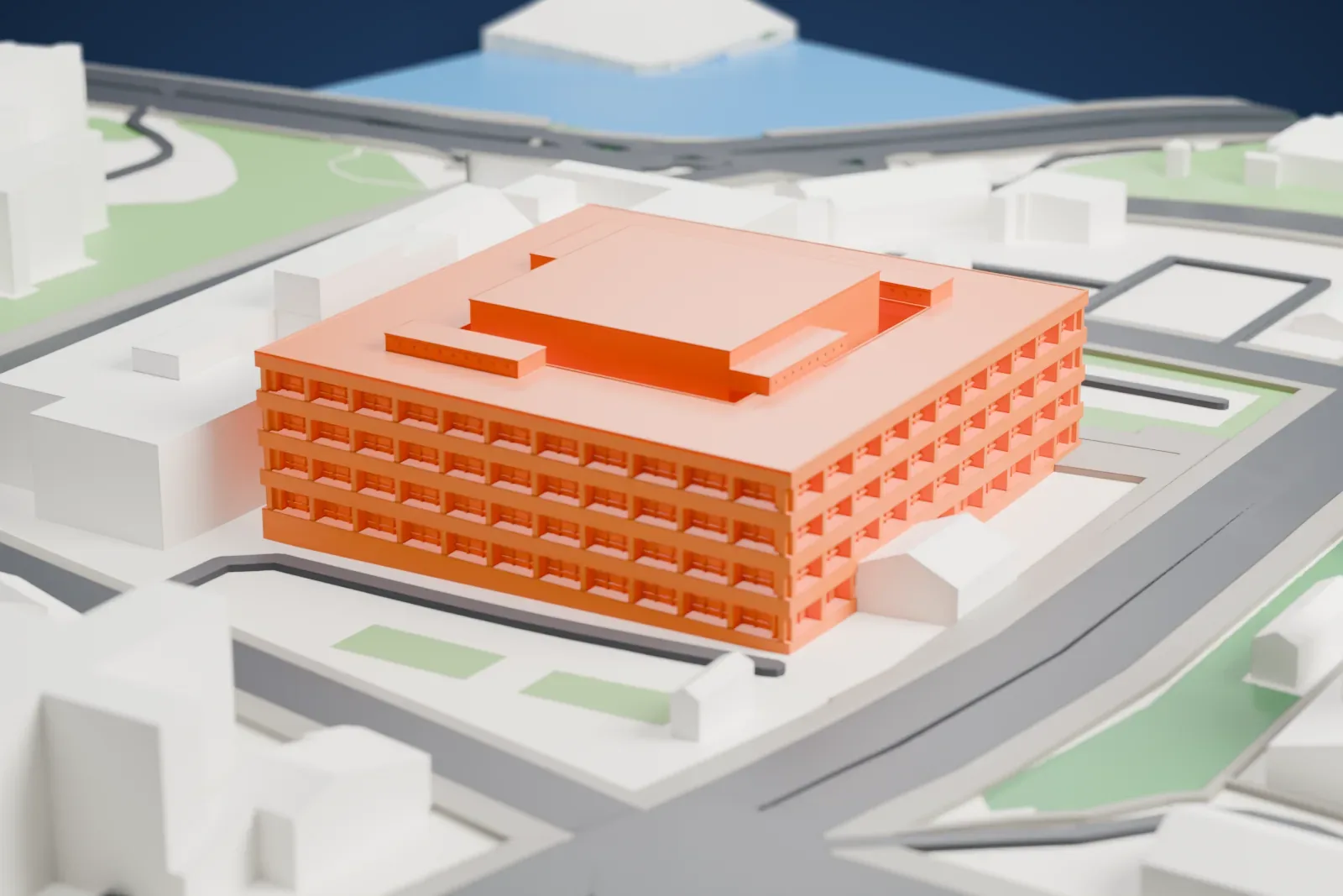 A white 3D print of the National Diet Library with the surrounding city streets and buildings.