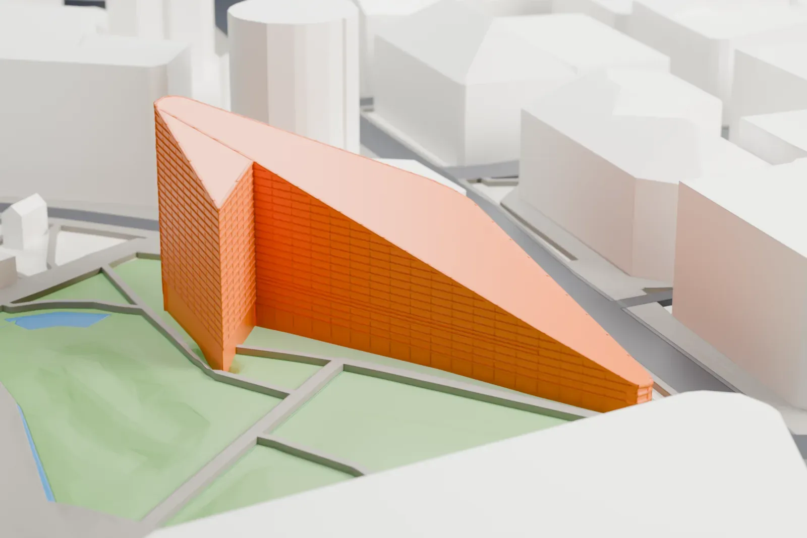 A white 3D print of the National Football Museum in Manchester, among the streets and buildings around it.