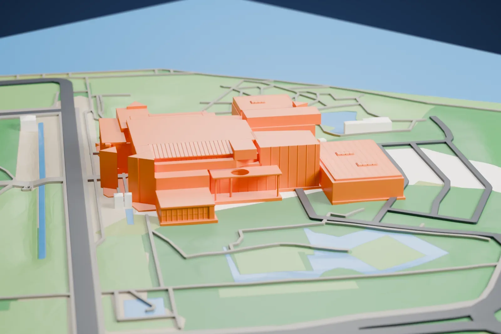 A white 3D print of the National Gallery of Australia, a Brutalist art museum in Canberra, set among the surrounding streets and buildings.