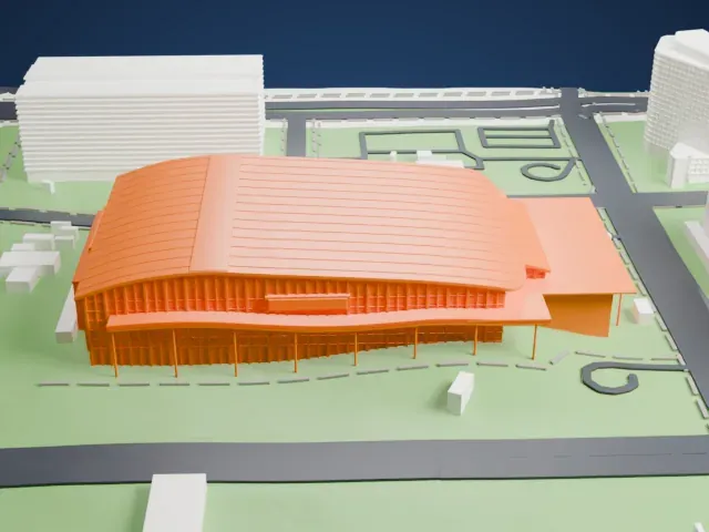 National Indoor Stadium model, East view