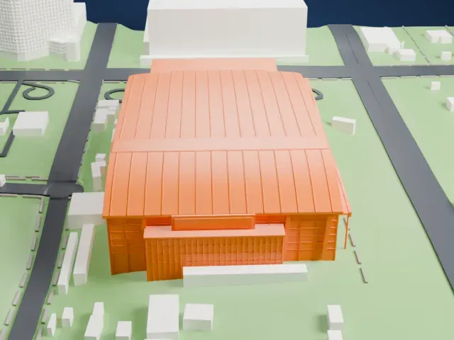 National Indoor Stadium model, South view