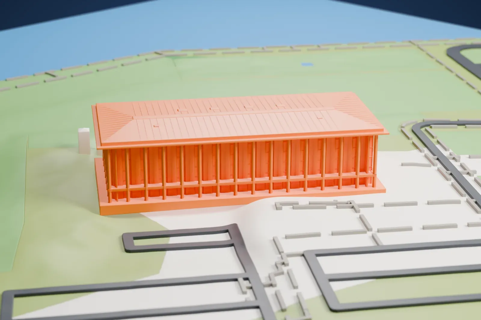 A white 3D print of the National Library of Australia, a columned rectangular building with a low roof, on green parkland with roads and a few small buildings.
