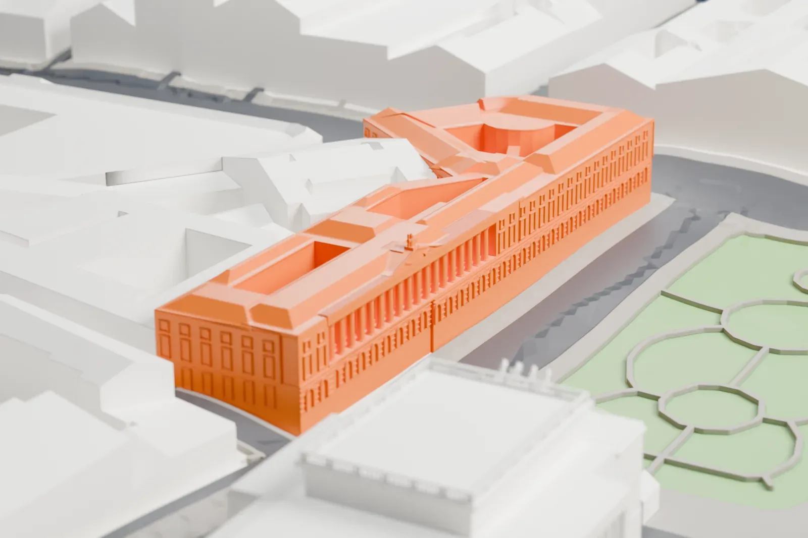 A white 3D print of the National Library of Russia, among the surrounding streets and buildings.
