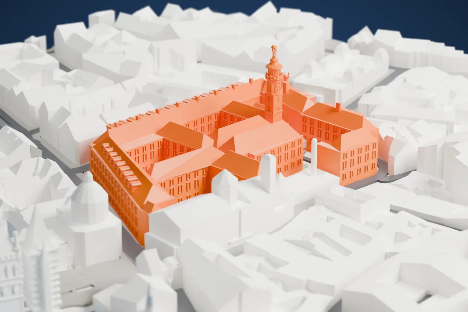 A white 3D print of the National Library of the Czech Republic among the surrounding streets and buildings.