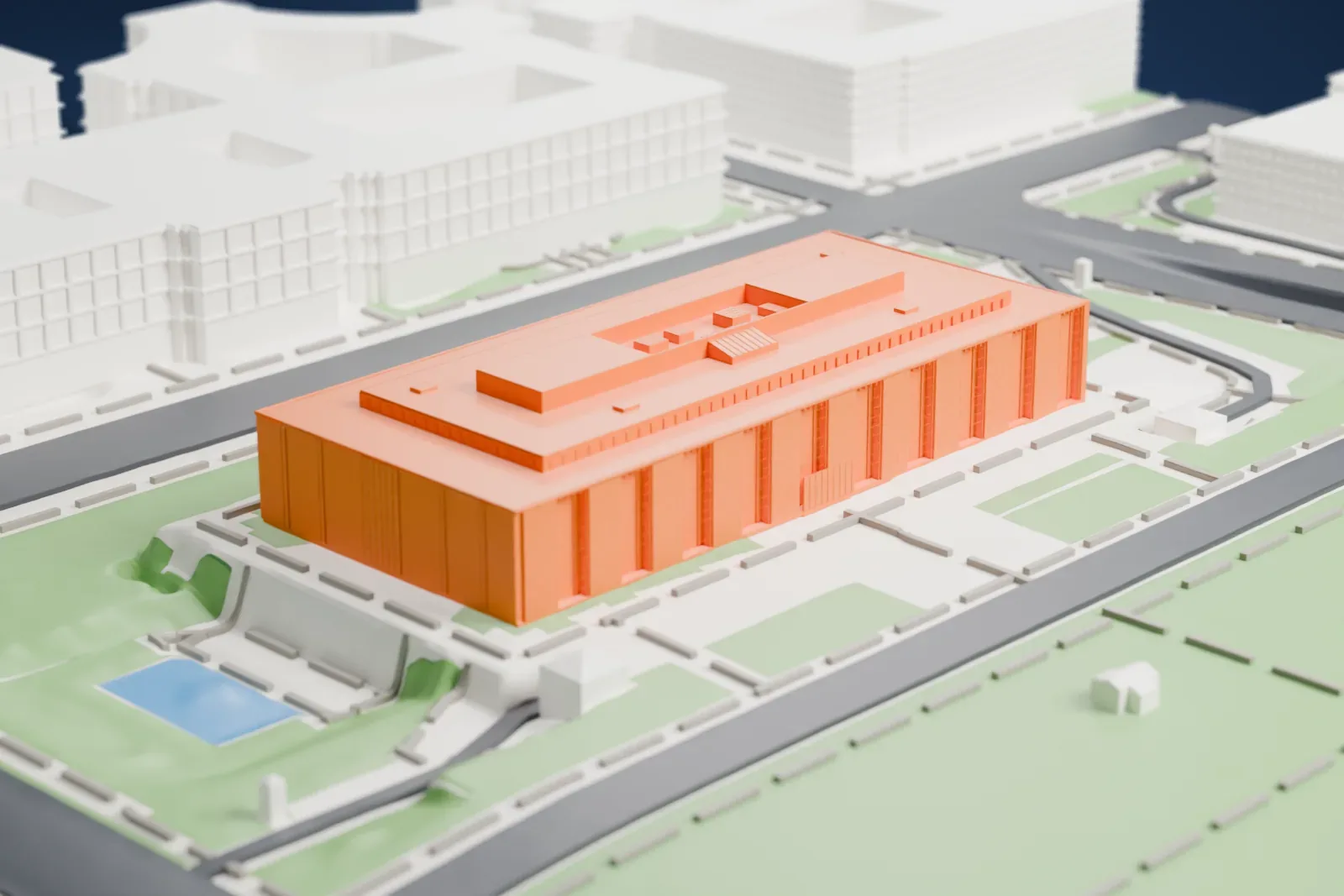 A white 3D print of the National Museum of American History, a large boxy building with a stepped flat roof, set among lawns, paths and roads.