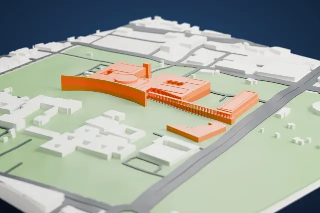 A white 3D print of the National Museum of Saudi Arabia, a low building with courtyards, a round drum and a long curved facade, set among green lawns and roads.