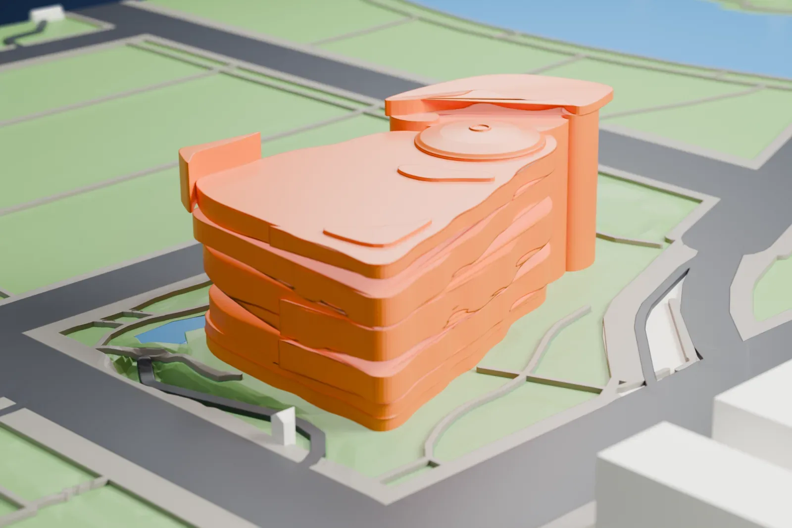 A white 3D print of the Smithsonian National Museum of the American Indian, a curving building among the surrounding city blocks.