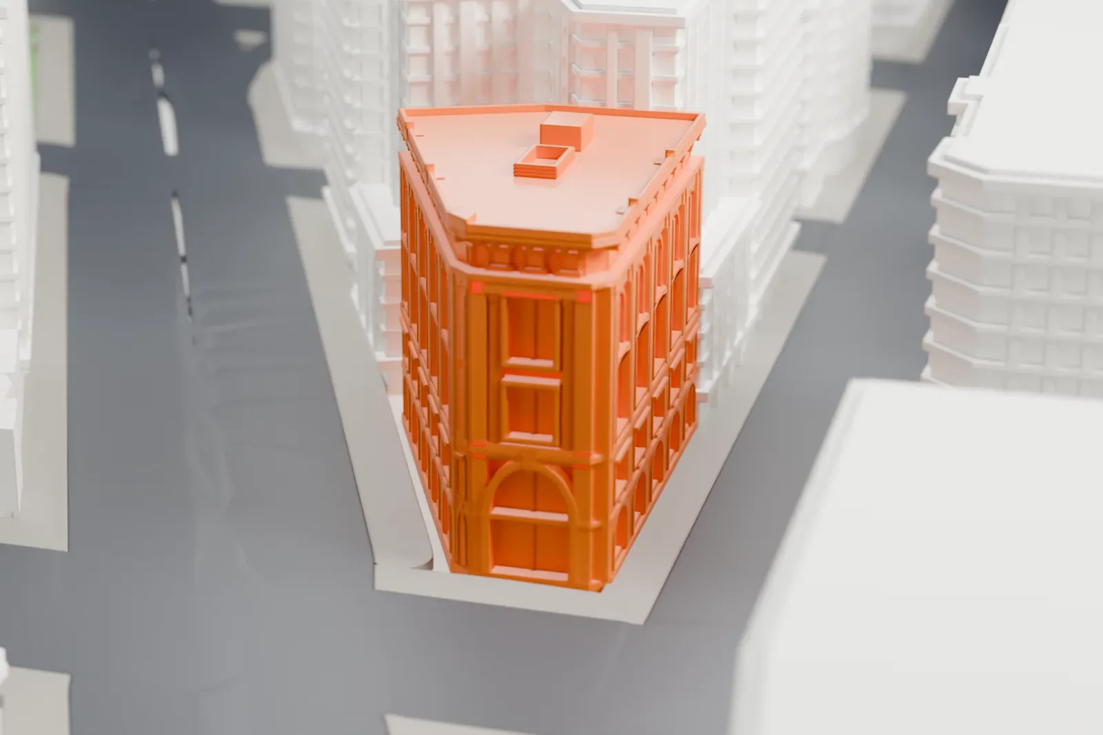 A white 3D print of the National Museum of Women in the Arts, a museum building, surrounded by streets and buildings.