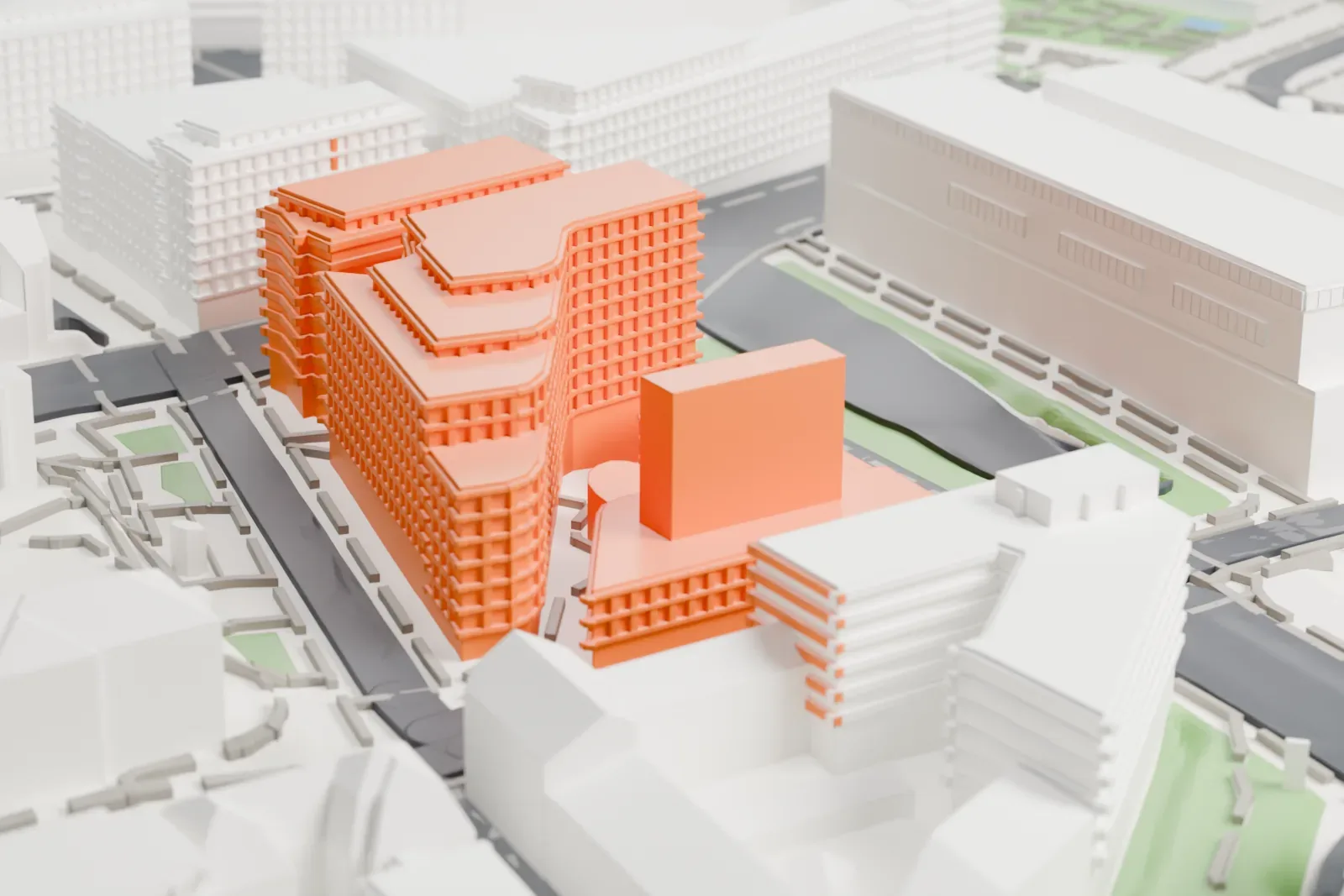 A white 3D print of the National Museum of Norway, a long, low building with stepped flat roofs beside the harbor, surrounded by streets and mid-rise buildings.