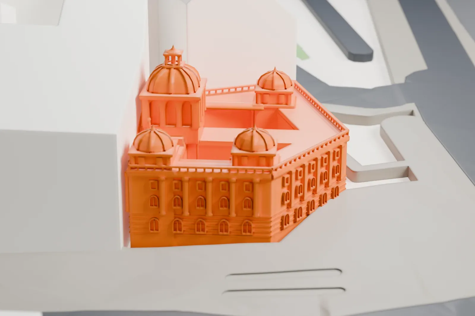 A white 3D print of the National Museum, a neo-Renaissance building with a dome, on Wenceslas Square among the surrounding blocks.