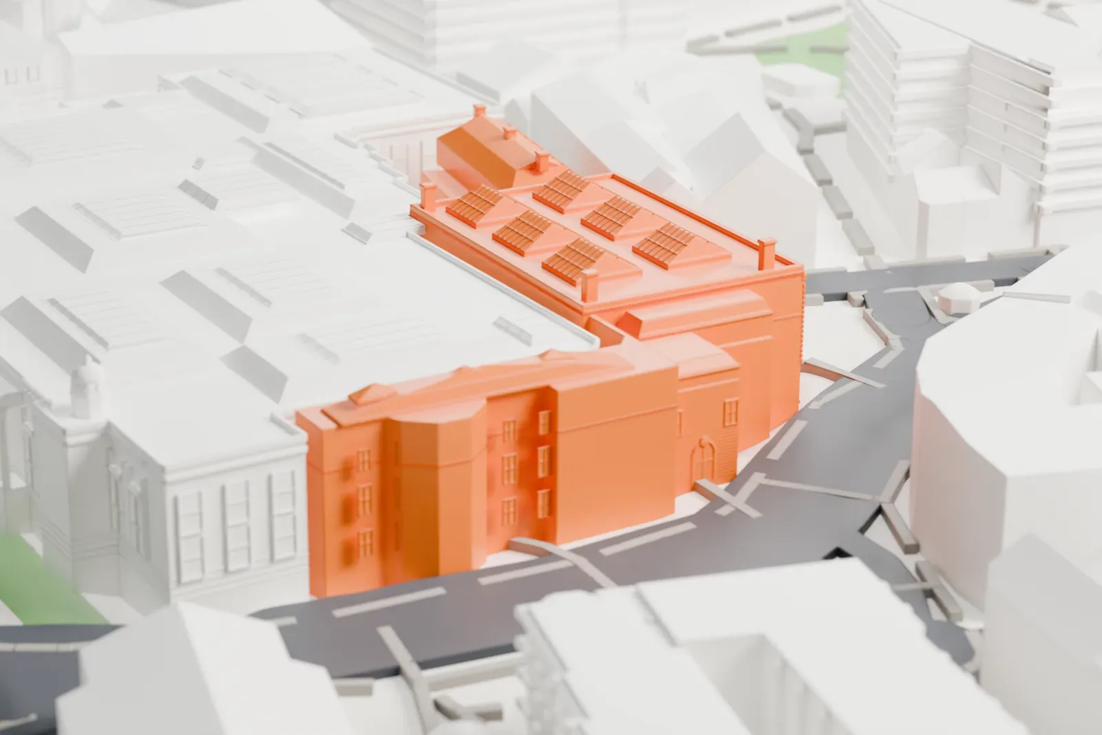 A white 3D print of the National Portrait Gallery, a low block with rooftop skylights beside a much larger domed building, with a square of fountains and a tall column to the south and streets around it.