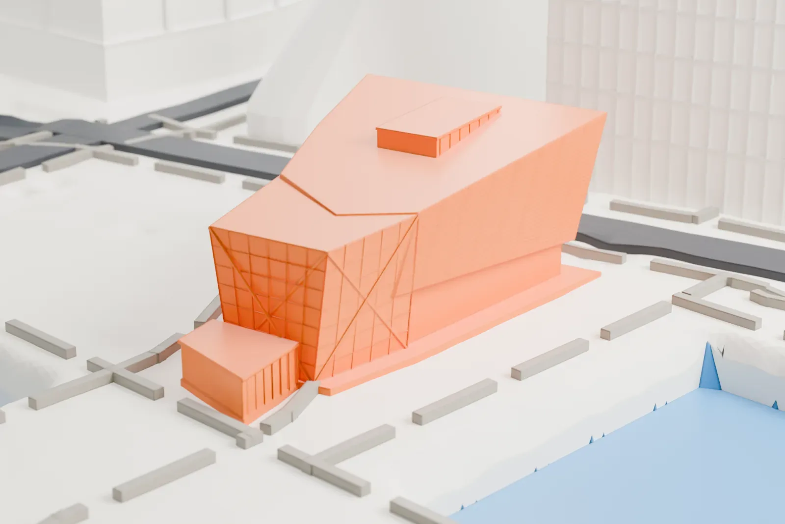 A white 3D print of the 9/11 Memorial & Museum building, an angular building with a sloped roof beside two square pools, among tall towers and plazas.