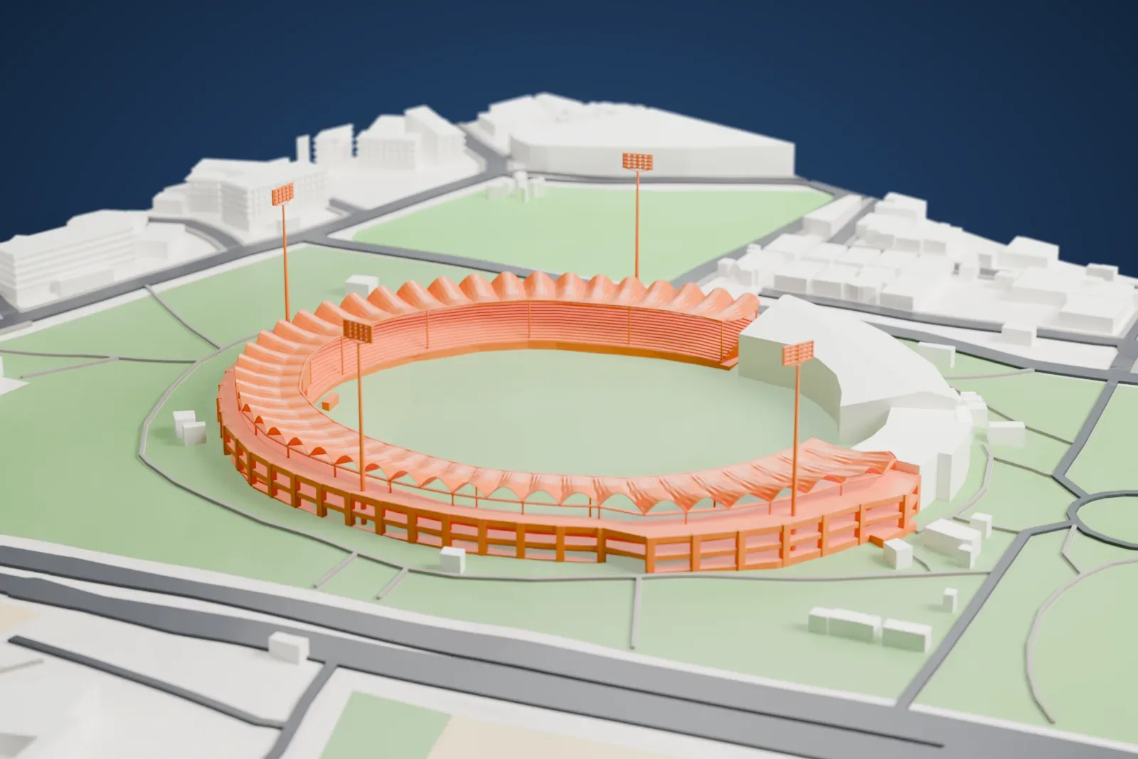 A white 3D print of the National Stadium, Karachi, a horseshoe cricket bowl with a scalloped canopy, open two-level colonnade and tall floodlight masts, among the surrounding streets and buildings.