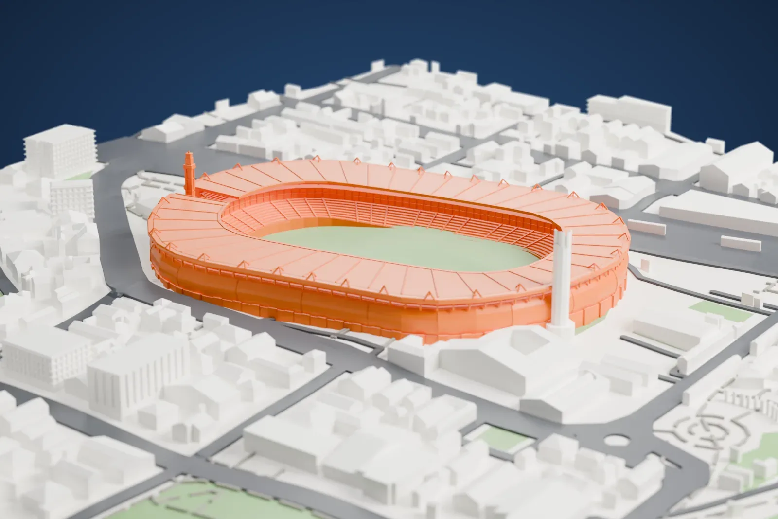 A white 3D print of the National Stadium of Peru, an oval bowl under a ribbed roof ring with a slender tower standing above it, among the surrounding city.