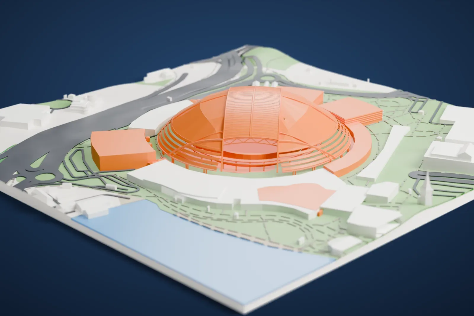 A white 3D print of the National Stadium in Singapore, a large domed stadium crossed by arched ribs, surrounded by big low buildings, roads and green areas, with water at the edge.