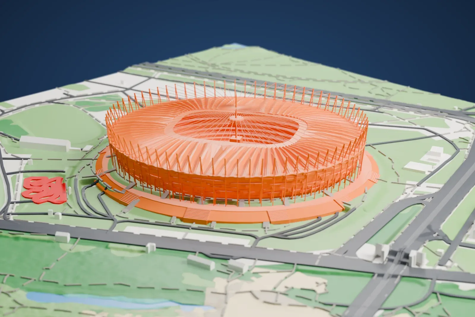 A white 3D print of the National Stadium, Warsaw, with radial roof members amid open grounds, roads, nearby buildings, and a river.